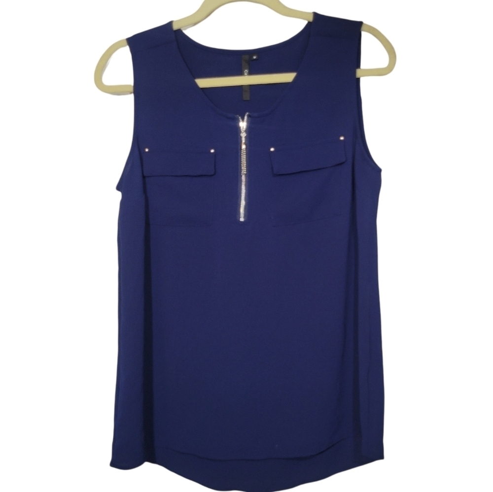Chic Navy Sleeveless Blouse with Zip Detail & Pockets – Size M